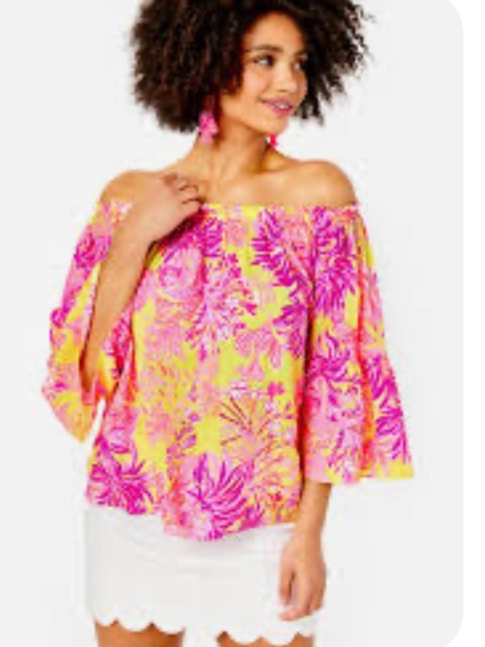 Lilly Pulitzer Off-Shoulder Floral Bell-Sleeve Top in Pink and Yellow